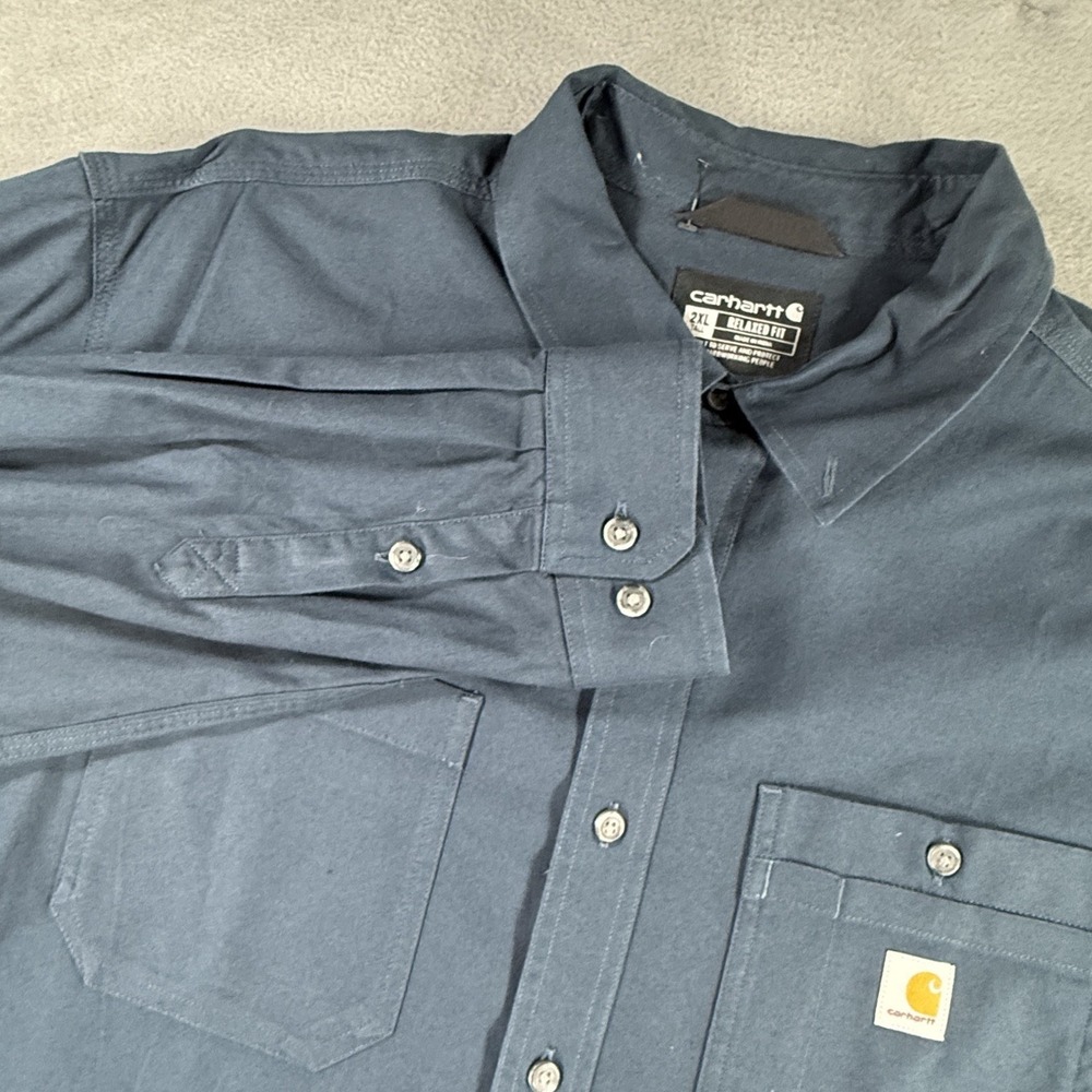 Carhartt Rugged Flex Button Up Work Shirt Navy Long Sleeve Men's 2XL Relaxed